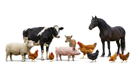 Fototapeta premium Farm Animals Gathering - Cow, Sheep, Pig, Horse, Chickens.