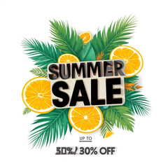Summer sale graphic design featuring tropical leaves and orange slices.