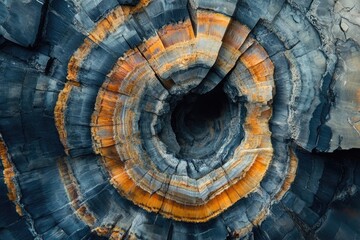 Stunning aerial shot of concentric rock formations with dark gray and orange layers around a central hole.