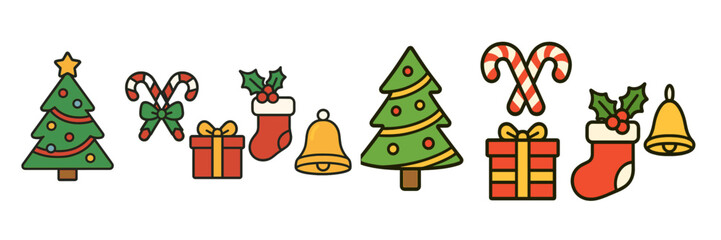 Festive Christmas icons featuring trees, gifts, candy canes, and ornaments for holiday celebrations