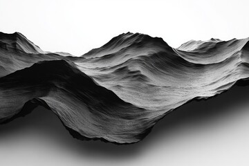 Striking monochrome landscape showcases undulating, textured hills against a stark white background, creating a dramatic and minimalist aesthetic.