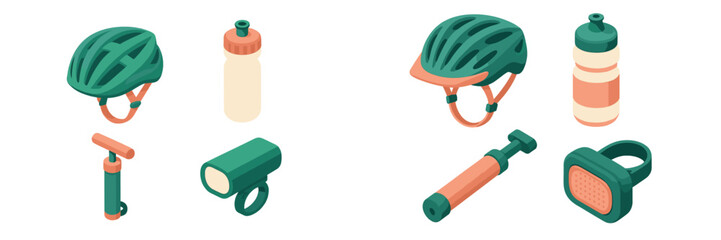 Bike safety gear and accessories arranged neatly on a white background for cycling enthusiasts and sport lovers