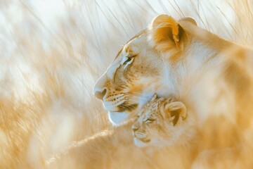 A tender moment captured in warm light, featuring a lioness and her adorable cub nestled closely together.