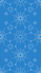 Repeating light-blue lace-like snowflake pattern on a deep blue background
