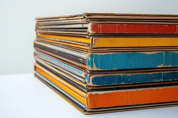 A stack of vintage vinyl records with colorful spines, showcasing signs of age and wear, resting on a white surface.