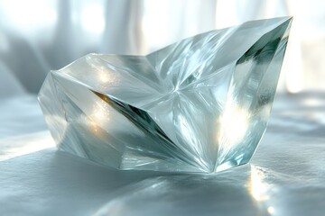 A geometrically folded clear ice block shimmers with internal light on a cool, frosted surface.