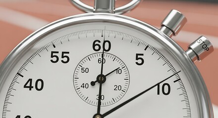Close-up of a classic analog stopwatch with a white face and black numbers, indicating time measurement and precision.