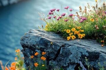 A rocky outcrop adorned with vibrant wildflowers overlooks serene blue water, a picturesque scene of nature's resilience and beauty.