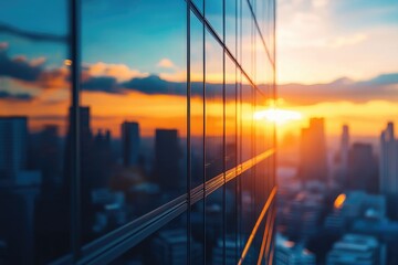 A stunning city sunset reflected in the sleek glass windows of a modern skyscraper.