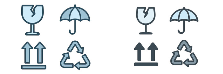 Symbols representing recycling, fragile items, and weather protection in a clear design for educational purposes