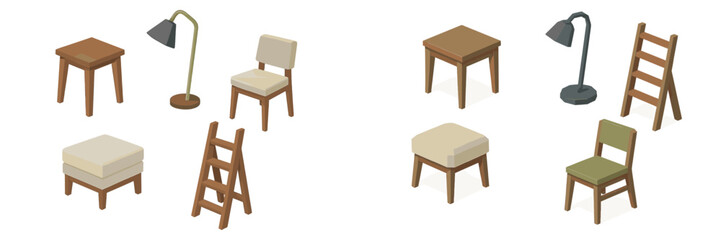 Fototapeta premium Furniture set including chairs, tables, and lamps in a simple design for home decor