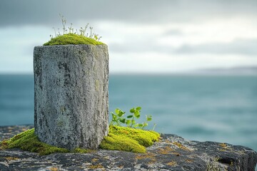 A weathered stone pillar on a coastal rock sprouts moss and tiny plants against a blurred ocean and sky backdrop. 
