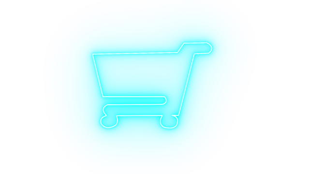 Cyan neon outline of a shopping cart, isolated on transparent background