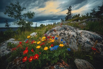 A vibrant cluster of red, yellow, and blue wildflowers blooms amidst a rocky landscape under a dramatic, cloudy sky.