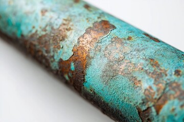 Close-up of a weathered, turquoise-colored metal pipe with rust and corroded texture on a white background, creating a vintage, aged effect.