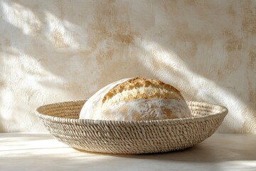 Crusty bread loaf sits in a woven basket, bathed in soft sunlight against a textured background.