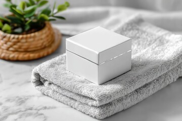 Modern Minimalist White Gift Box on Soft Towel with Green Plant in Natural Basket Background, Ideal for Celebrations or Special Occasions Photography