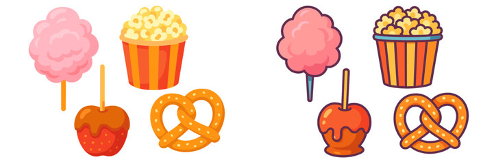 Colorful cotton candy and popcorn alongside pretzels and caramel apples at a fair or carnival snack stand