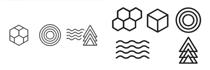 Various geometric shapes and patterns displayed in black outline on a white background for design concepts