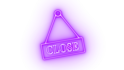 Purple neon sign with the word close hanging isolated on transparent background