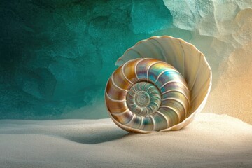 A beautifully iridescent nautilus shell rests on a sandy beach with a turquoise and tan background creating a serene oceanic still life.