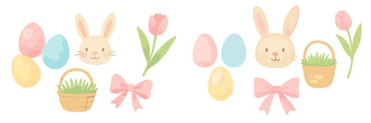 Colorful Easter decorations with bunnies, eggs, tulips, and baskets in soft pastel colors for spring celebrations