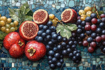 Mosaic art featuring vibrant pomegranates, yellow and purple grapes against a textured blue and green background, displaying intricate tile work.