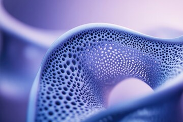 A 3D-printed structure with intricate pore patterns in soft, dreamy shades of blue and lavender creating an artistic abstract form.
