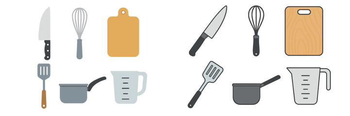 Collection of kitchen tools including knives, measuring cups, and spatulas arranged on a flat surface for culinary tasks