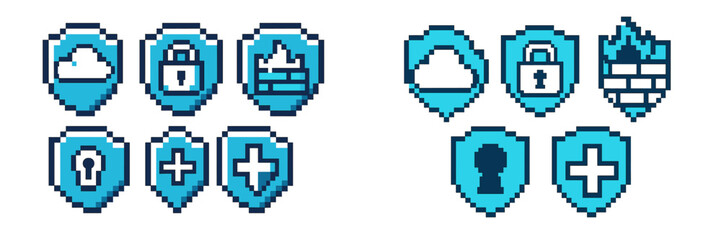 Modern pixel art icons featuring security and cloud technology symbols in blue tones on a digital background