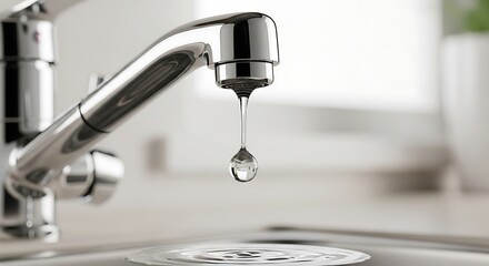 Dripping faucet in a kitchen sink, water droplet falling.