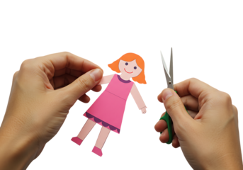 Hands cutting out paper doll with scissors on white surface, showcasing craft project and creative activity, symbolizing childhood and handmade art.