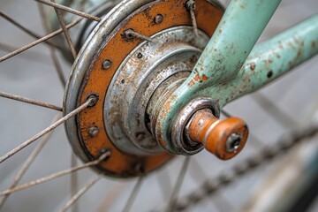 Close-up of a vintage bicycle wheel hub with rusty details and a classic mint green frame.