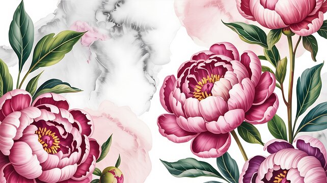 Elegant Pink Peony Flowers with Marble and Watercolor Accents for Backgrounds and Designs