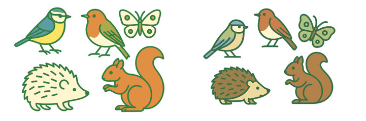 Colorful illustrations of birds, butterflies, hedgehogs, and squirrels in a lively nature setting during daytime