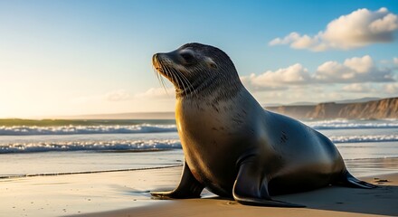California Sea Lion Resting on Sandy Beach at Sunset with Ocean Waves.