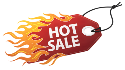 Fiery red sale tag with hot sale text and flames isolated on transparent background