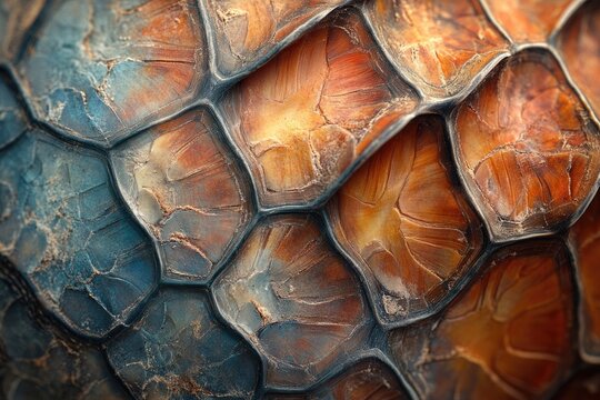 Close-up of a turtle shell featuring tessellated scales in tones of orange, brown, and turquoise creating abstract pattern.