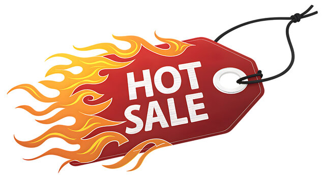 Fiery red sale tag with hot sale text and flames isolated on transparent background - Powered by Adobe