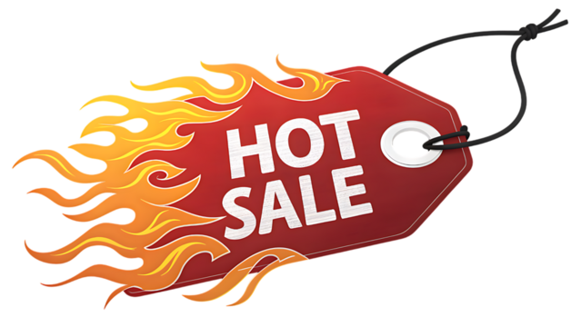 Fiery red sale tag with hot sale text and flames isolated on transparent background - Powered by Adobe