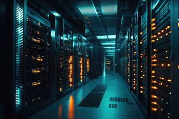 A teal-lit server room with rows of servers displaying data through blinking orange lights, hinting at vast computational power.