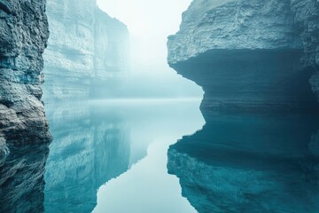 Misty fjord reflecting imposing cliffs, creating a serene and surreal landscape in cool, muted tones. 