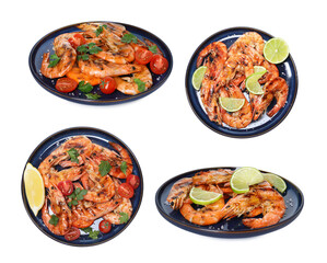 Grilled shrimps isolated on white, set. Delicious sea food