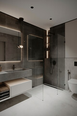 Stylish bathroom with concrete textures, glass shower, and neutral tones. The modern design features clean lines and a luxurious ambiance.