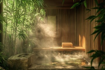Serene Japanese onsen with steam rising from the water, surrounded by bamboo and wooden architecture, evoking tranquility and relaxation.