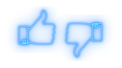 Blue neon thumbs up and thumbs down icons isolated on transparent background