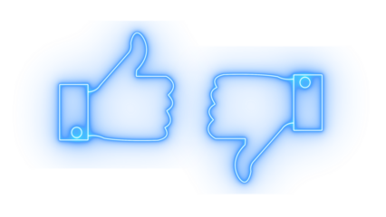 Blue neon thumbs up and thumbs down icons isolated on transparent background