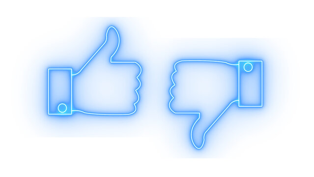 Blue neon thumbs up and thumbs down icons isolated on transparent background