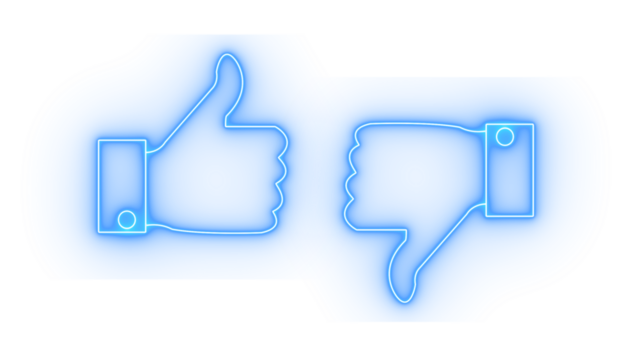 Blue neon thumbs up and thumbs down icons isolated on transparent background