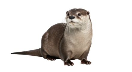 Isolated otter with smooth, brown fur looks up against a neutral backdrop in digital painting